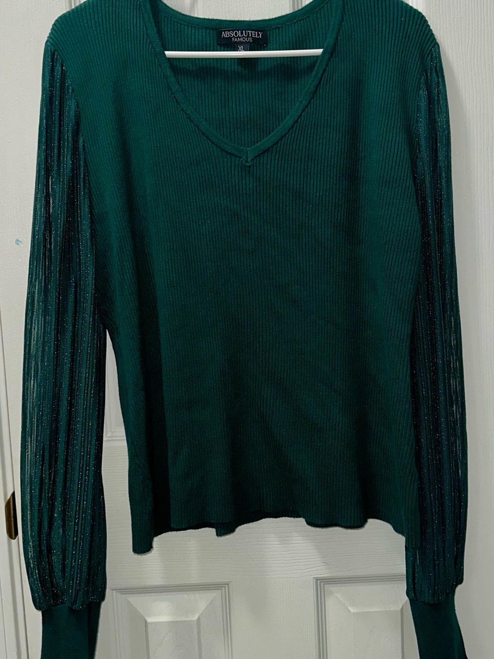 Absolutely Famous Teal Green V-Neck Ribbed Sweater with Sheen-Striped Sleeves